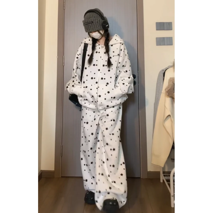 韩系兔耳朵星星连帽卫衣女春秋新款大码长袖宽松家居服套装可外穿