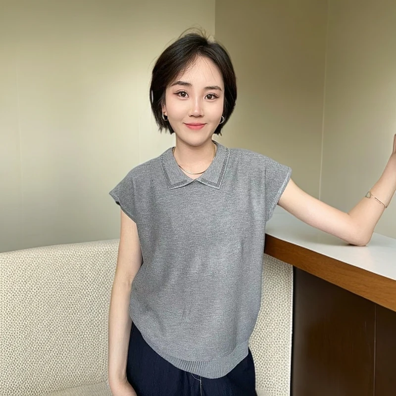 【丁丁08】烫钻翻领小飞袖针织短袖
