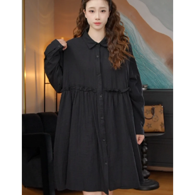 2025春季新款欧韩时尚木耳边宽松腰休闲连衣裙收腰中长款宽松韩版