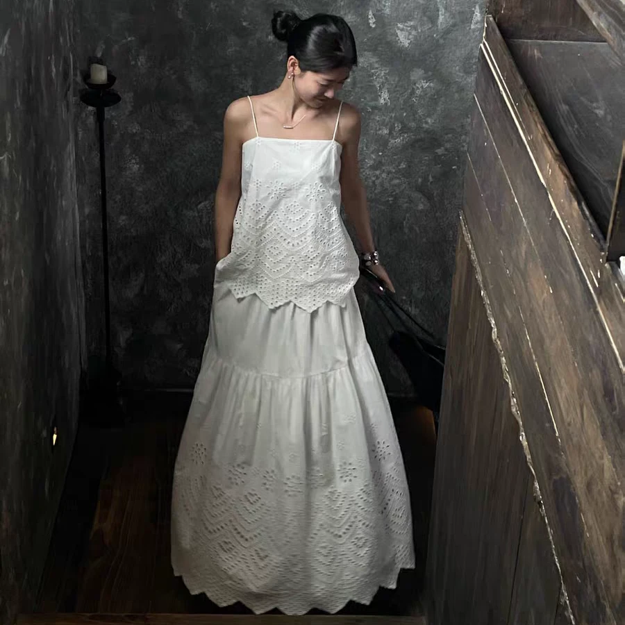 【奥莉】2025春夏：提花刺绣镂空吊带小衫&松紧腰半身裙套装5255