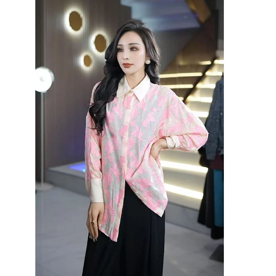 设计师简约时尚休闲宽松版春夏提花烧花透气长袖女士衬衫衬衣ML96