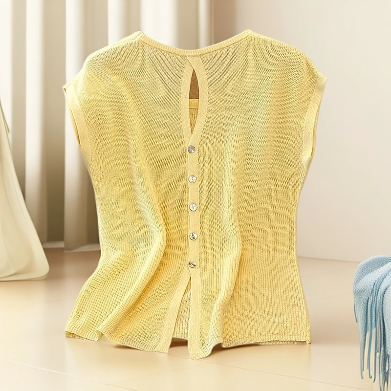 2025新款设计感时尚气质薄款飞飞袖上衣后背镂空冰丝针织衫女夏季