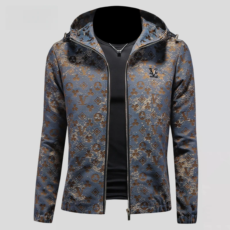 内米霍切欧洲站春秋连帽长袖夹克男士轻奢印花开衫潮流修身外套