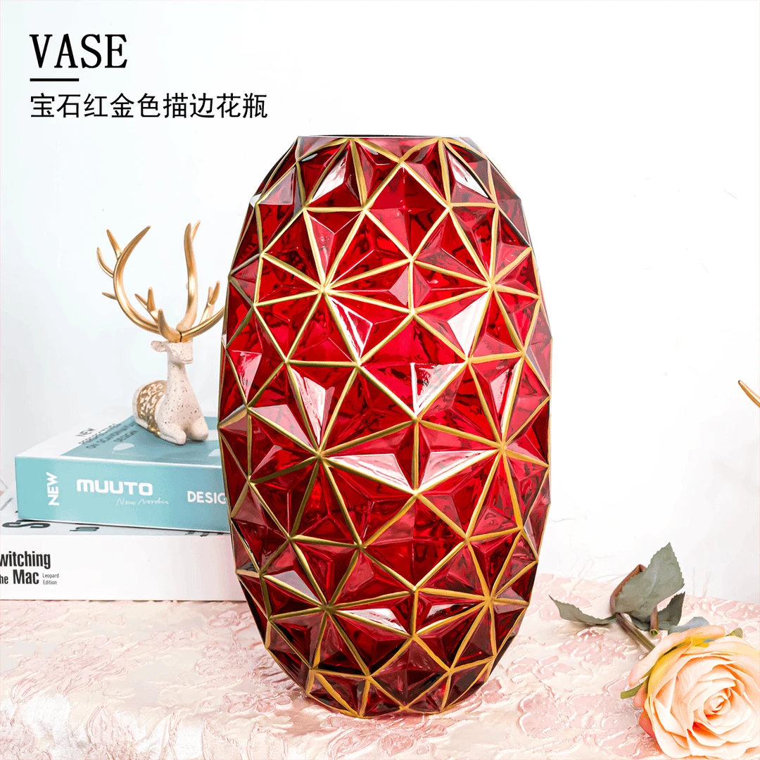 红色描金卢浮宫设计插花桌面摆件琉璃花瓶时尚简约花卉花器