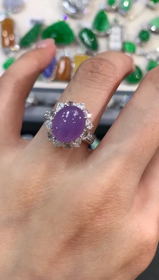 翡翠戒指18K金镶嵌f6 紫色有色差