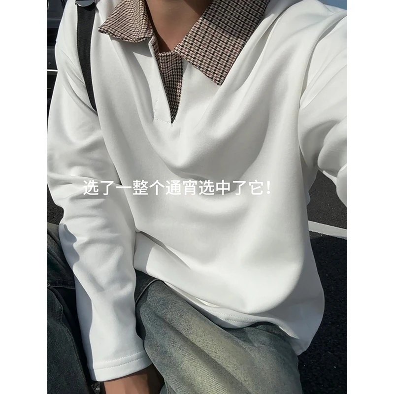 千鸟格polo领上衣早秋美式复古格子男宽松学院风潮流休闲百搭长袖