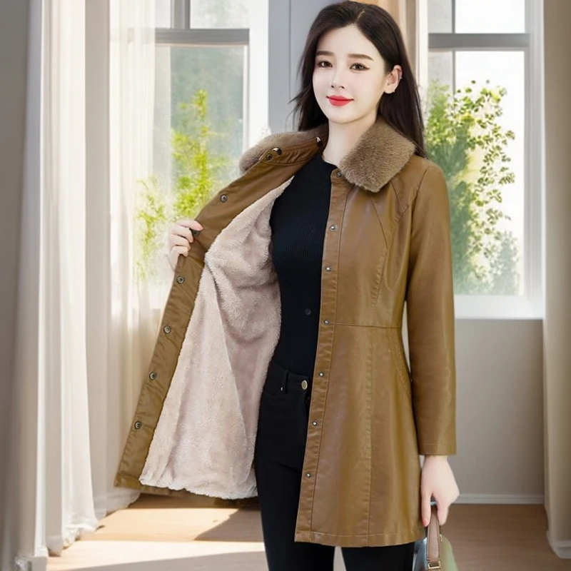 中长款加绒加厚皮衣外套女2025冬季新款秋冬PU皮毛一体皮风衣大衣