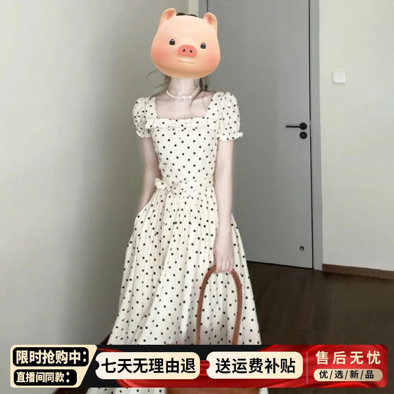 法式方领高贵波点连衣裙子夏天2025新款流行款洋气衣服女气质长裙