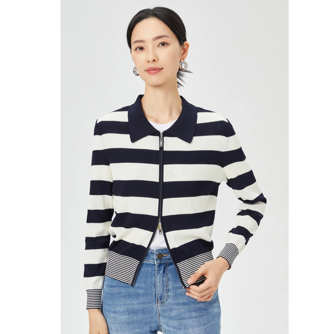 娜尔思25春款时尚简约修身拉链条纹针织衫女新款开衫NZ03728Q7