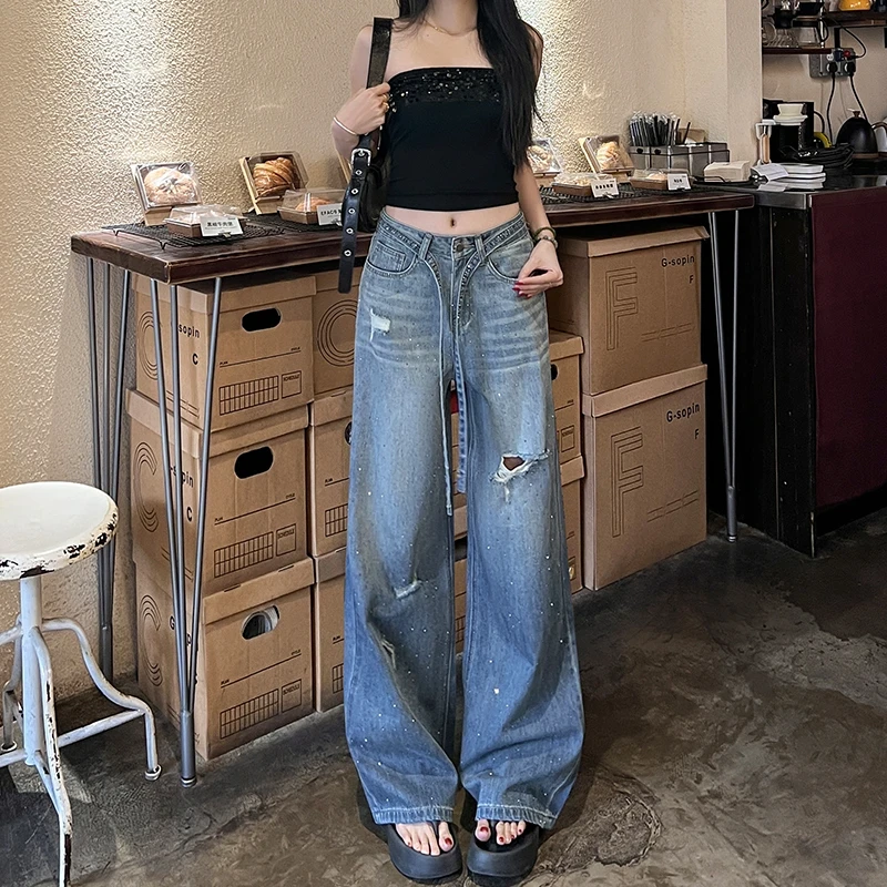 小个子渐变色破洞满天星烫钻阔腿牛仔裤女2025夏季薄款显瘦直筒裤