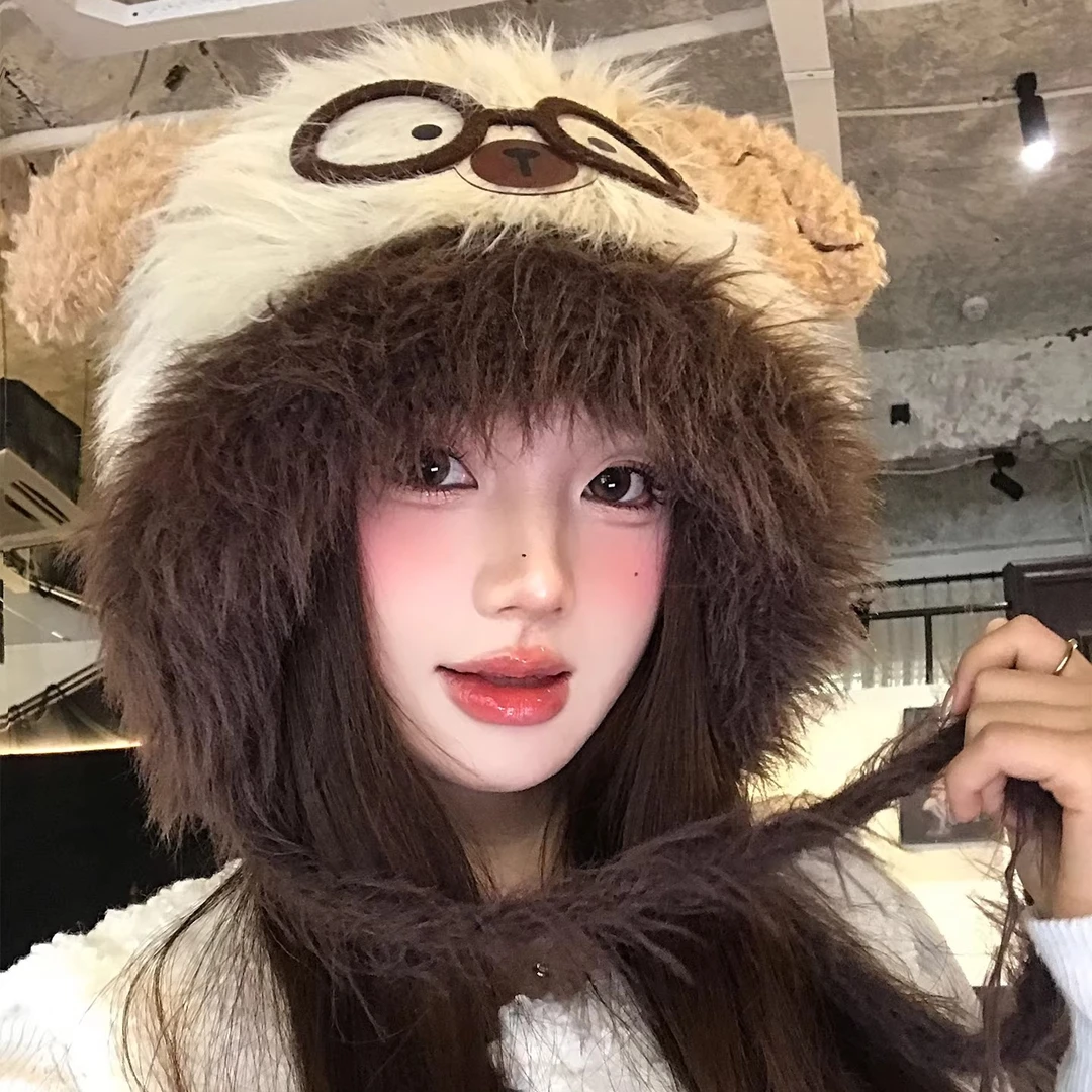 可爱眼镜小熊帽子冬天毛茸茸女加绒加厚保暖帽显脸小防寒雷锋帽子