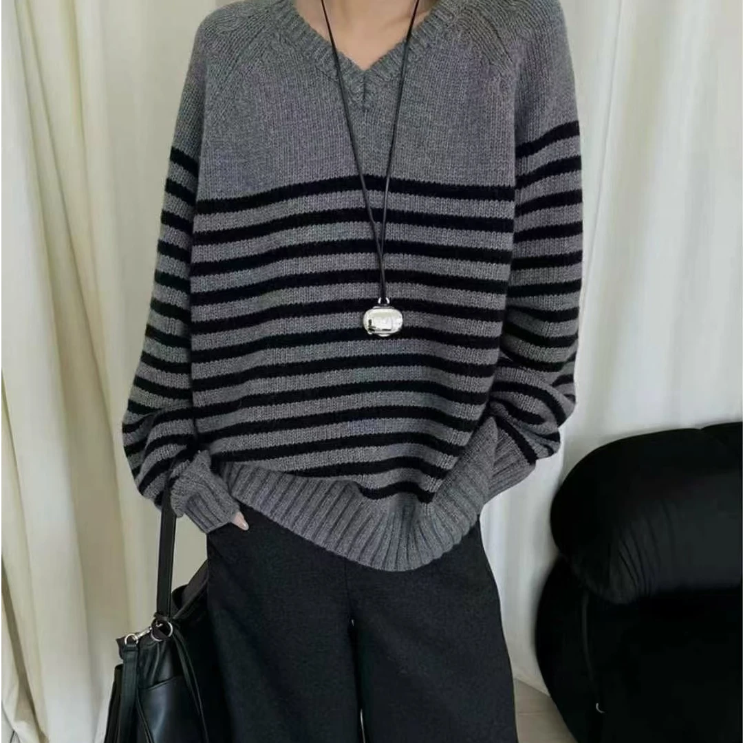 毛衣针织衫V领打底衫冬季条纹网红百搭高领上衣毛针织衫休闲