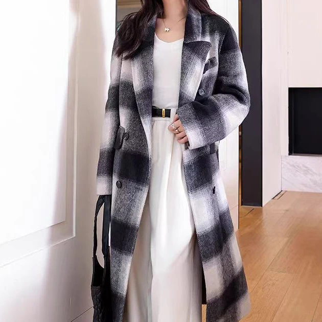 【丽爷】6677黑白格毛呢外套时尚