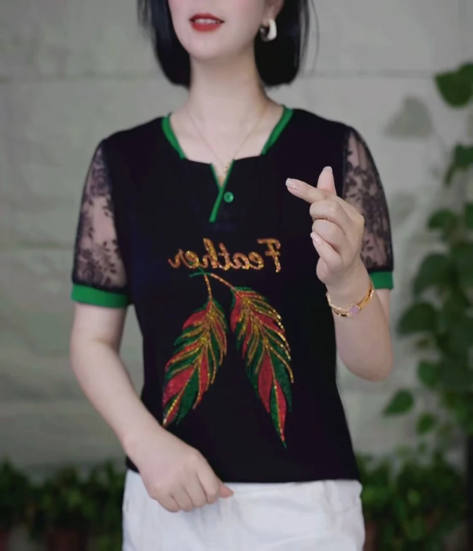 夏季新品时尚洋气V领短袖T恤树叶烫钻显瘦减龄休闲百搭气质上衣
