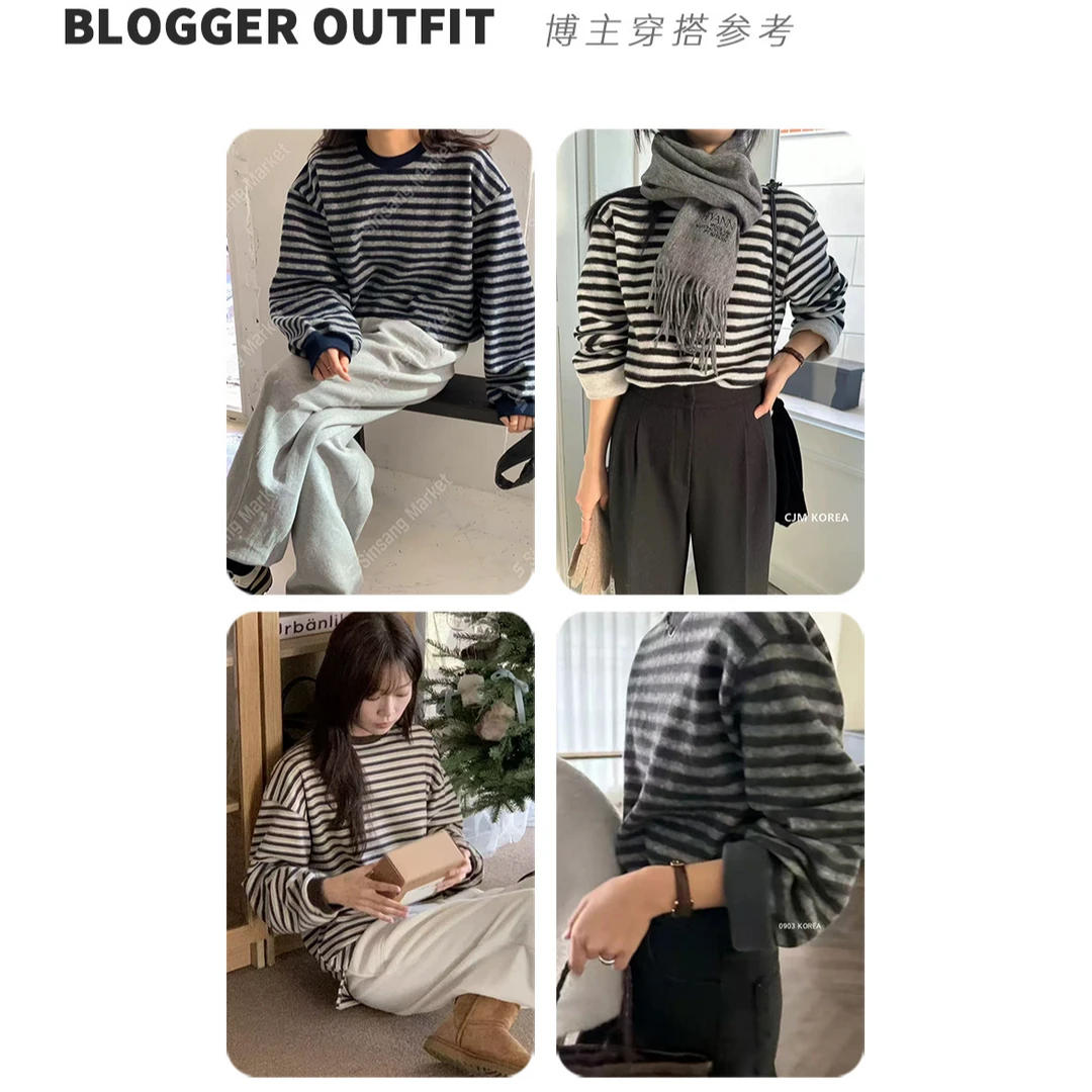 【Onai】复古学院风慵懒随意韩版条纹卫衣3409