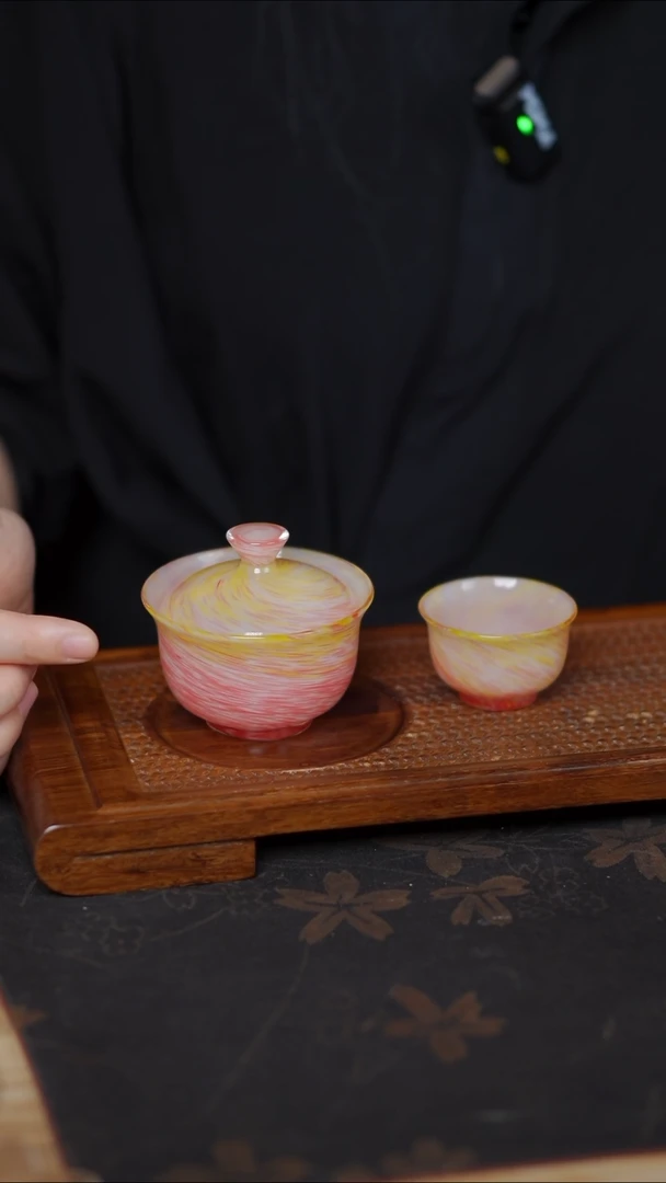 手工  玻璃 粉色盖碗+杯子 