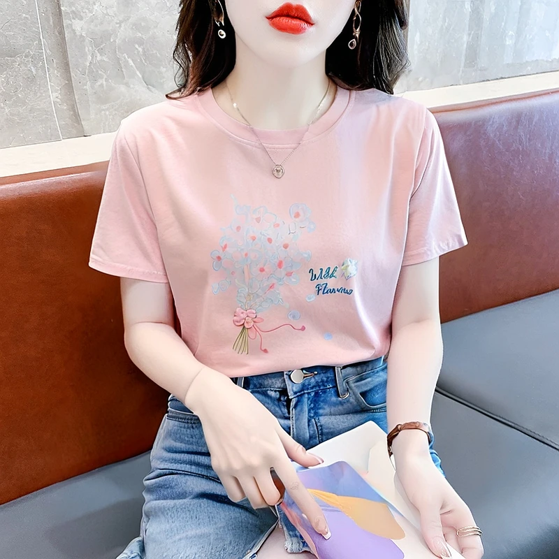 时尚正肩宽松印花短袖T恤女夏季新款百搭上衣圆领设计感ins半袖潮