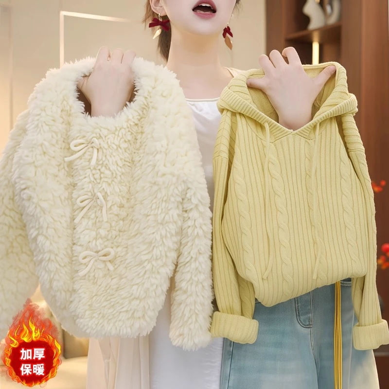 女童毛毛衣毛衣牛仔裤三件套2025新款秋冬款外套针织衫加绒阔腿裤