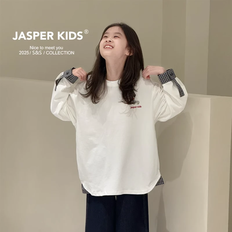童装2025春夏新款女孩中大童宽松百搭拼接长袖T恤圆领卡通打底衫