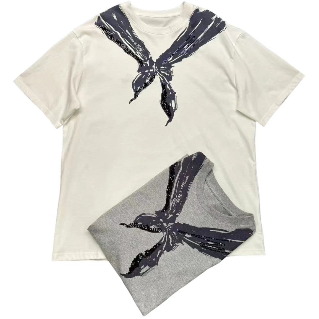 566宽松阔版时尚圆领蝴蝶结字母印花T恤