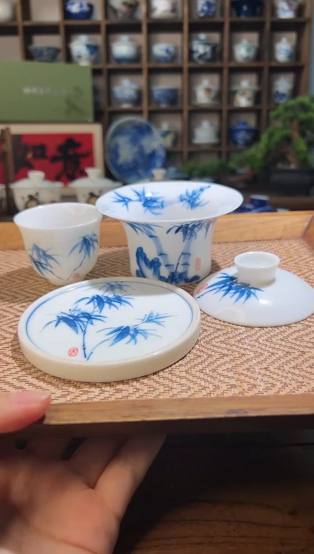 竹子马蹄盖碗+送杯+送盖置