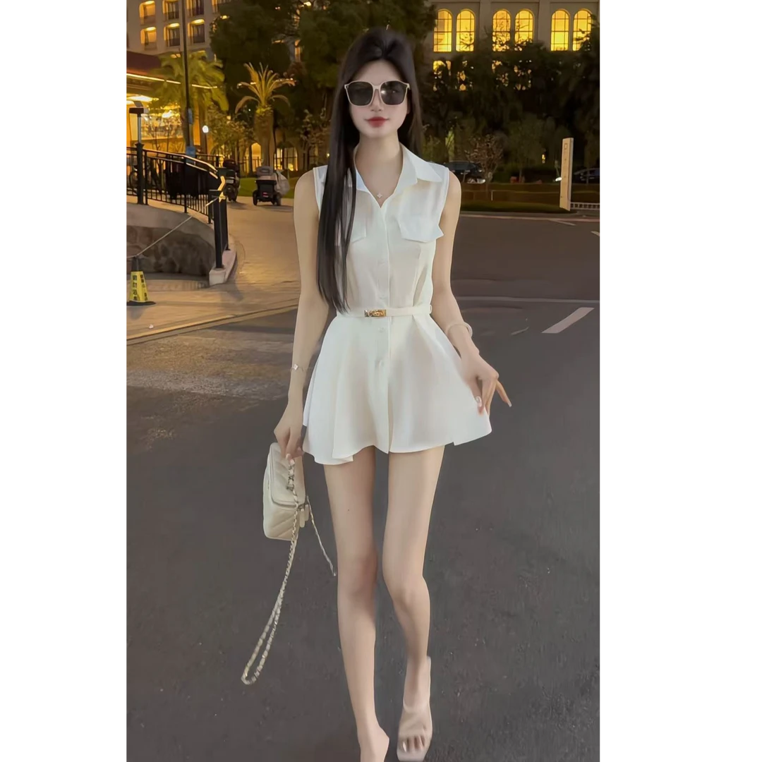 法式辣妹背心白色无袖衬衫上衣夏设计感小众收腰白色短裤套装