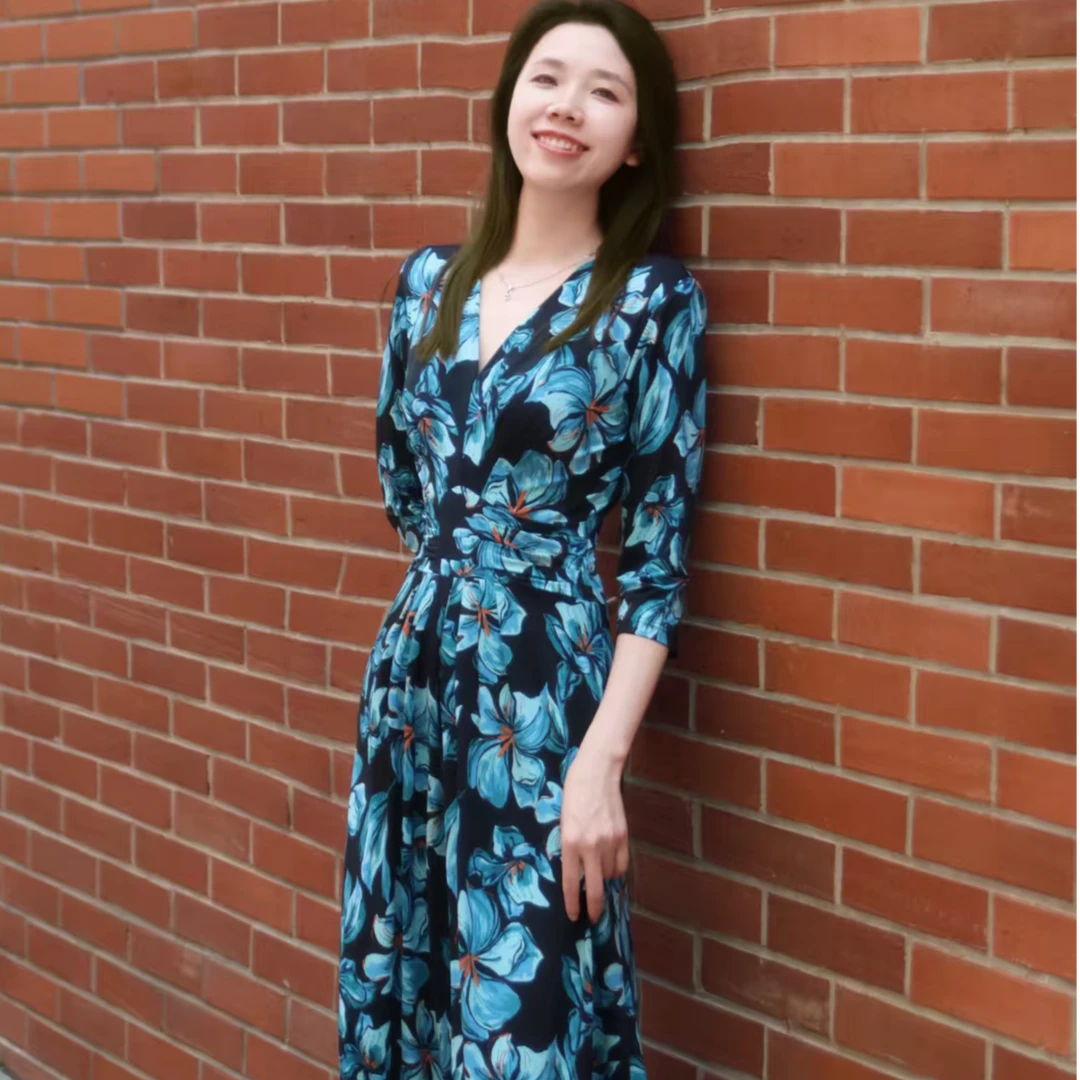 夏季新款法式高贵气质法式套头裙水墨花海边度假风连衣裙高级感