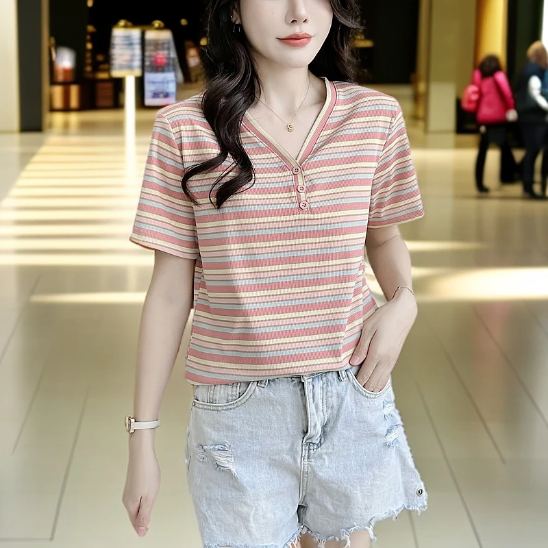 2025新款V领条纹短袖T恤显瘦修身ins小众时尚撞色ol短款半袖休闲