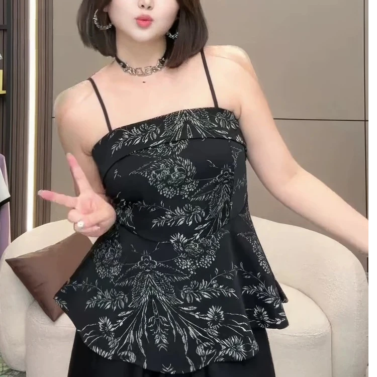 D1095夏季新款法式复古印花度假风吊带背心