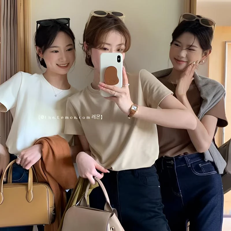 正肩短袖t恤女夏2025年新款白色圆领内搭夏季纯色百搭打底衫上衣