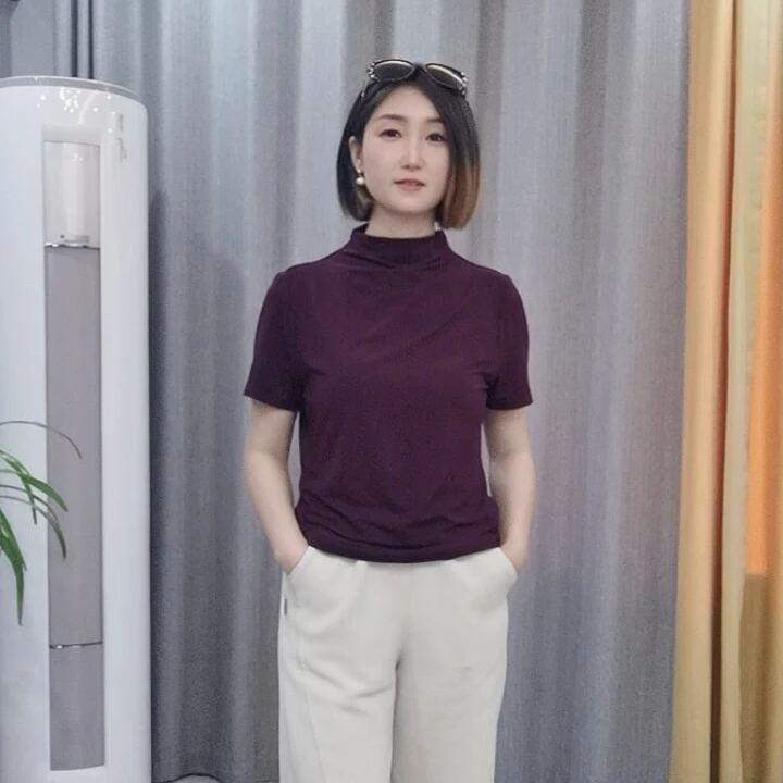 2025夏季新款百搭冰丝莫代尔棉短袖内搭时尚半高领宽松打底衫