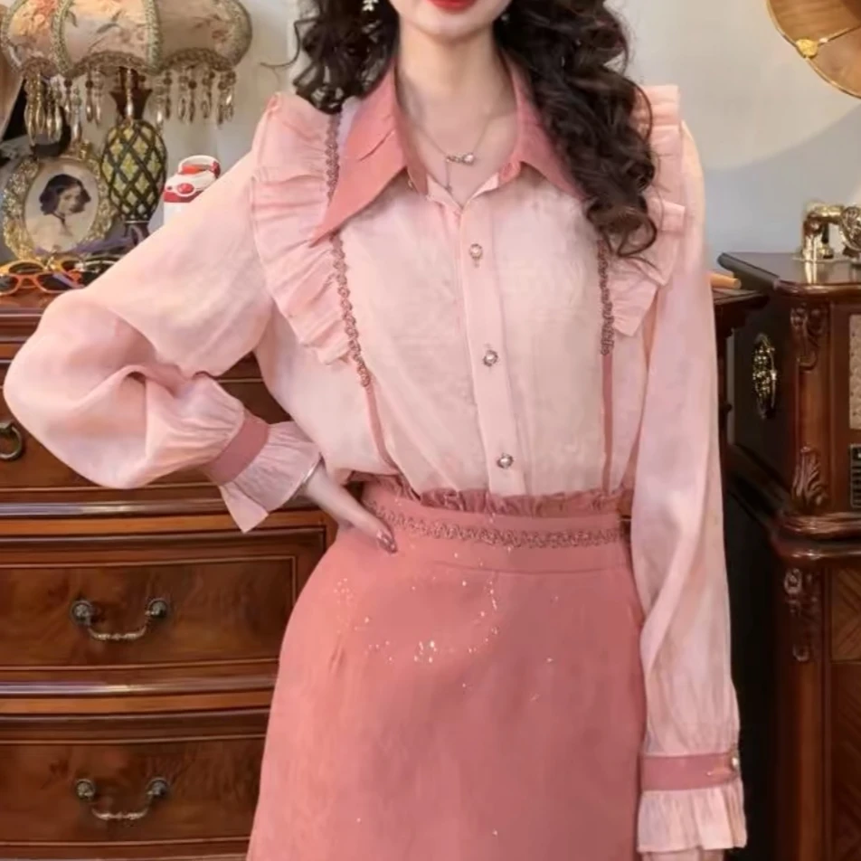 9382浪漫气质显瘦设计粉色碎花撞色新款长袖衬衫