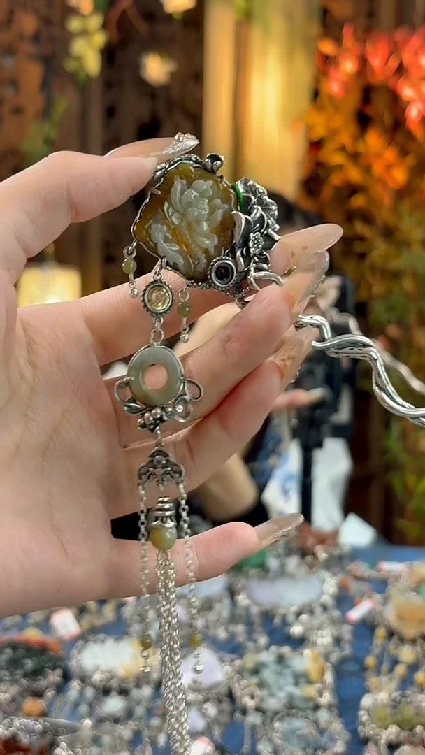 银S925镶嵌挂件翡翠发簪