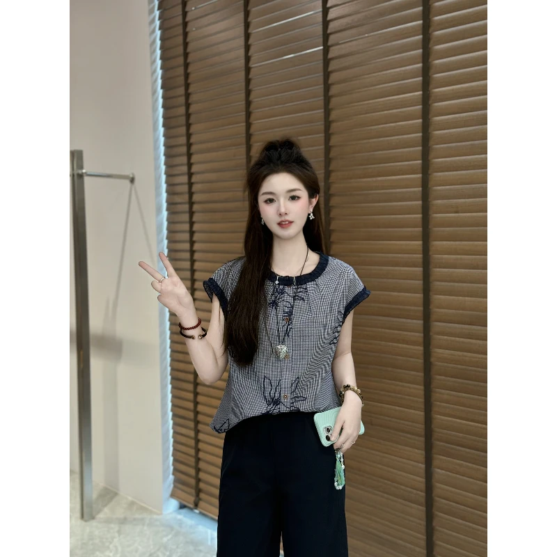 宿慕SUMU女小花边刺绣格子显瘦小衫2025新款夏季时尚舒适格子衬衫