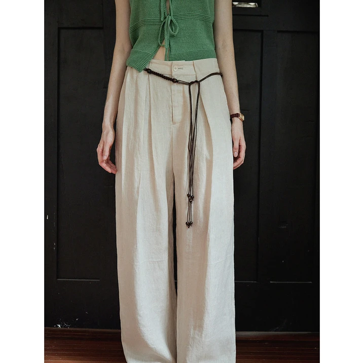 Nice people2025SS高端天然砂洗纯亚麻 编织阔腿裤老钱休闲长裤