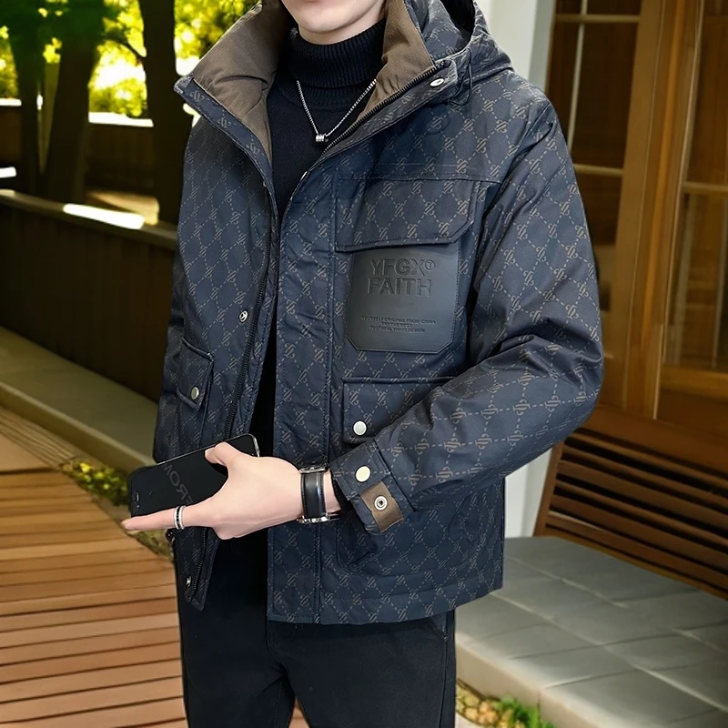 维斯克纳冬季羽绒服男连帽新款潮牌修身帅气印花防寒外套男士冬装