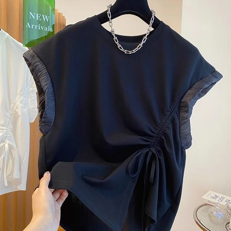 不规则小众设计感下摆抽绳开叉短袖t恤特大码300斤宽松小飞袖上衣