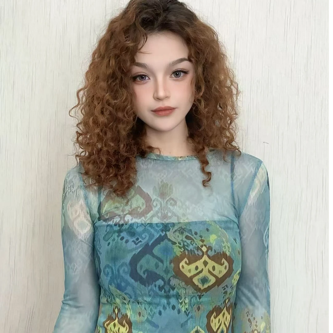 修身气质圆领网纱atlas民族特色2025印花网纱打底衫T恤