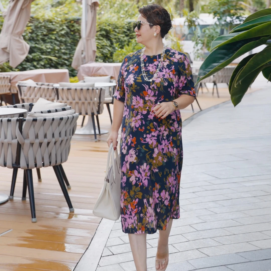 2025年夏季新款宽松裙子优雅名媛大码显瘦桑蚕丝印花连衣裙0326