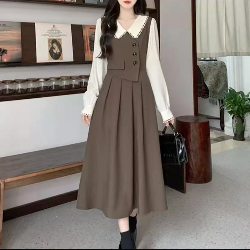 连衣裙拼接气质假两件裙子秋冬收腰假两件长裙娃娃领收腰法式