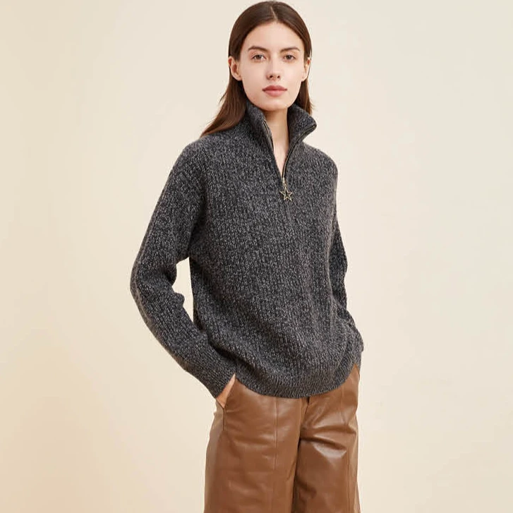 100%纯山羊绒时尚重工加厚夹花纱慵懒休闲半开拉链羊绒衫！21703