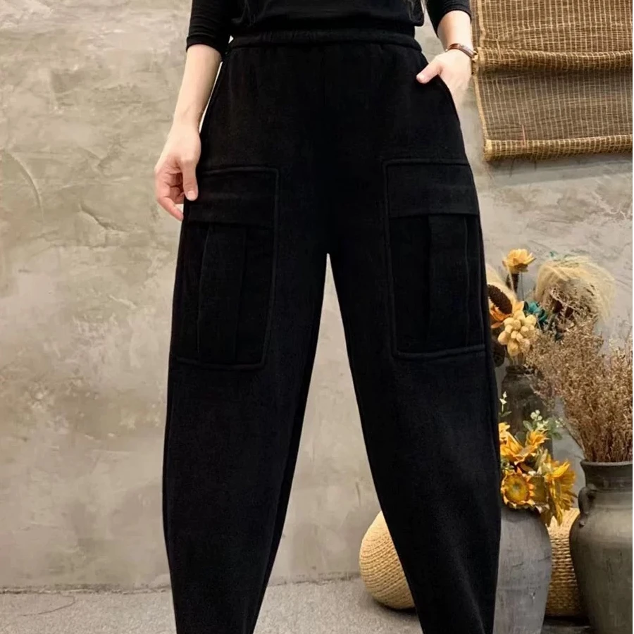 2025春款加厚哈伦裤休闲裤拼接装饰韩版加厚宽松显瘦舒适