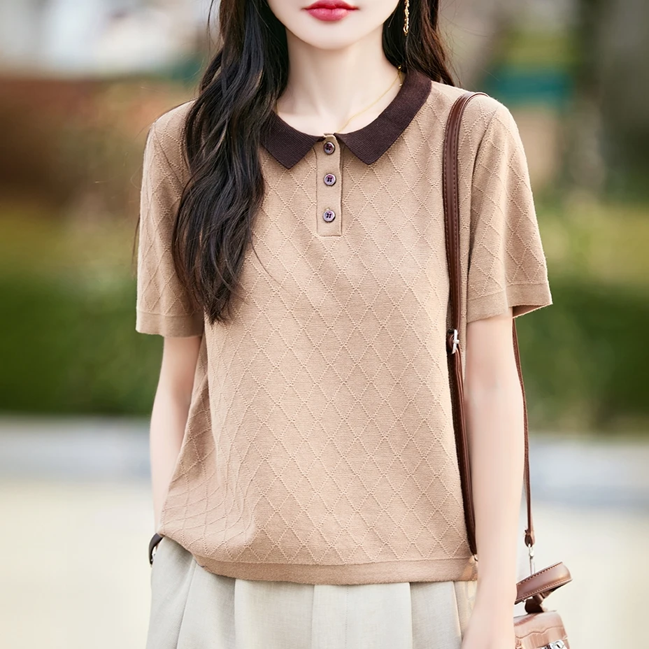 品牌夏季纯棉法式时尚翻领针织衫T恤宽松显瘦半袖上衣
