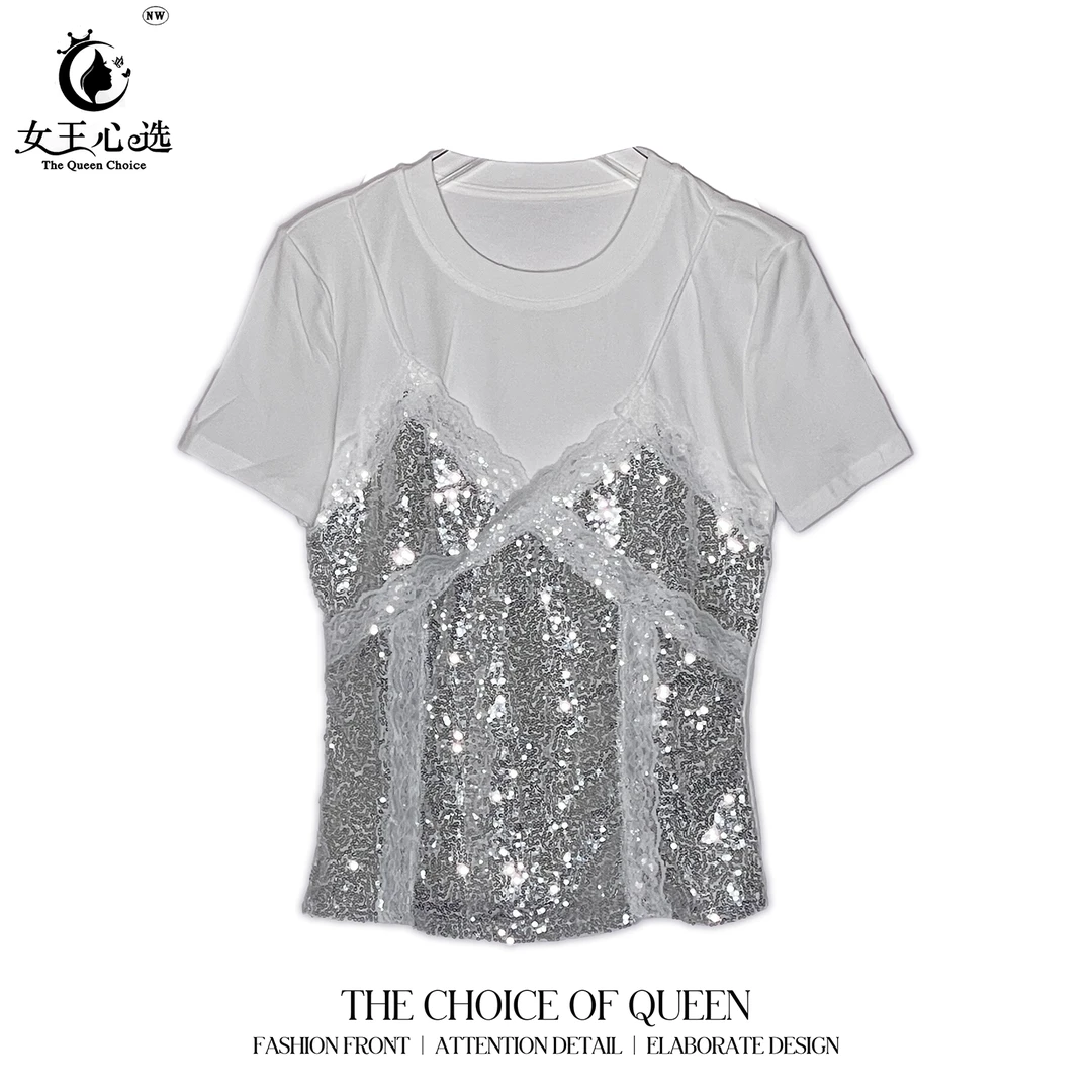 【笑姐定制】68038 小众假两件闪闪亮片拼接设计百搭短袖