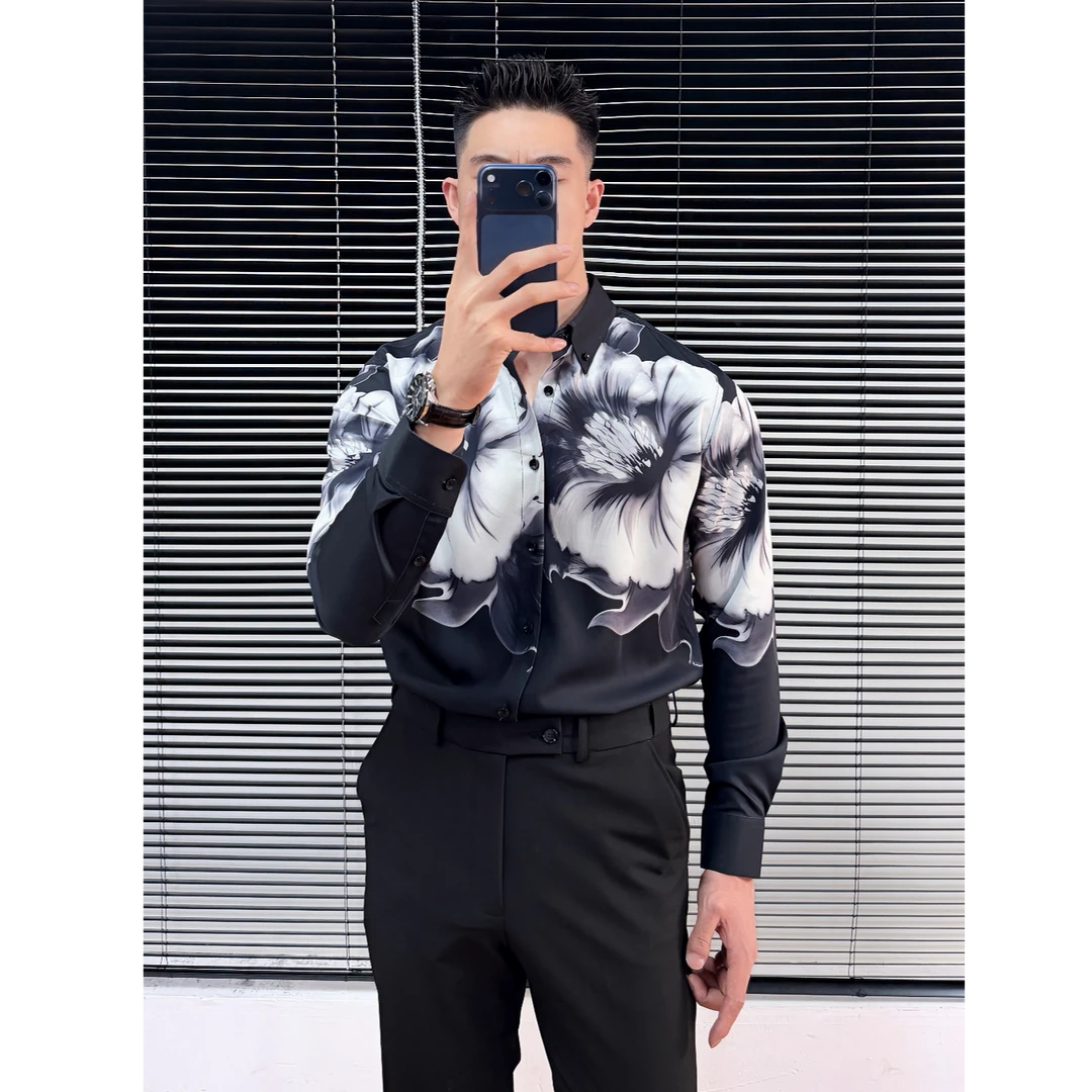 个性痞帅长袖印花衬衫男尖领衬衫韩版修身衬衣帅气秋季新品男装