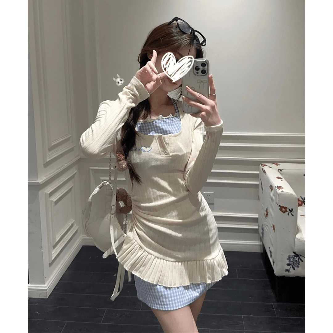 海盐甜心纯欲假两件连衣裙女秋氛围不规格挂脖针织设计感短裙8103