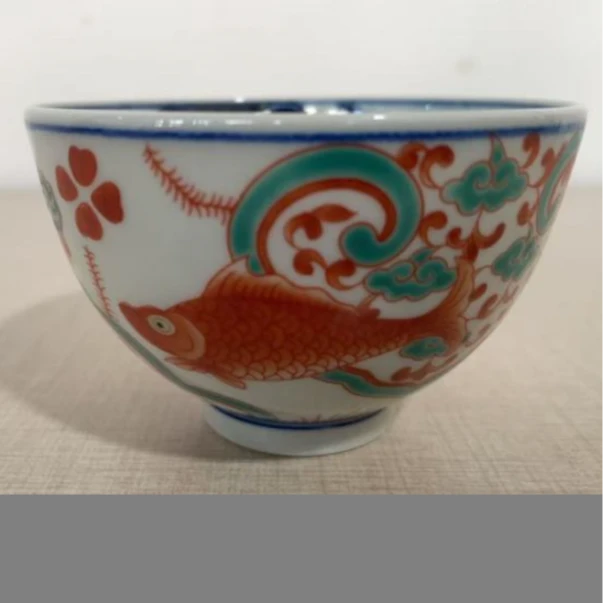 12.10/N1/00018/316/昱器/古彩鱼澡纹鸡心杯/口径9高5.8/175cc