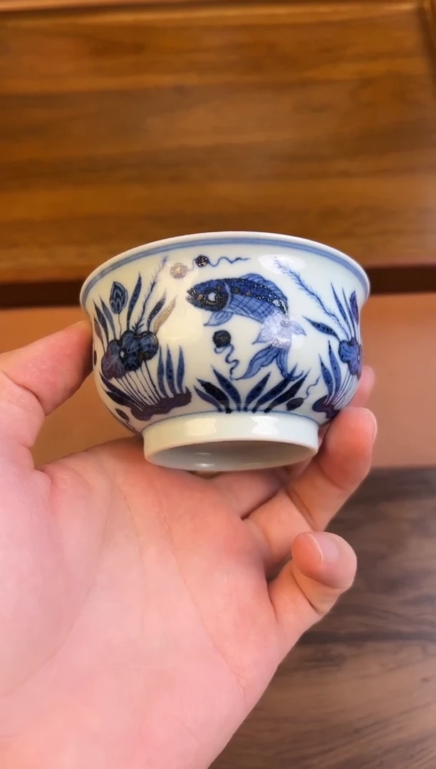 问青坊纯手工手绘青花鱼藻柴窑炉式杯