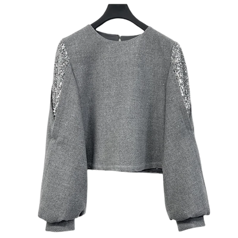 老钱风蕾丝气质长袖套头呢料针织时尚女士设计师圆领灰色上衣女