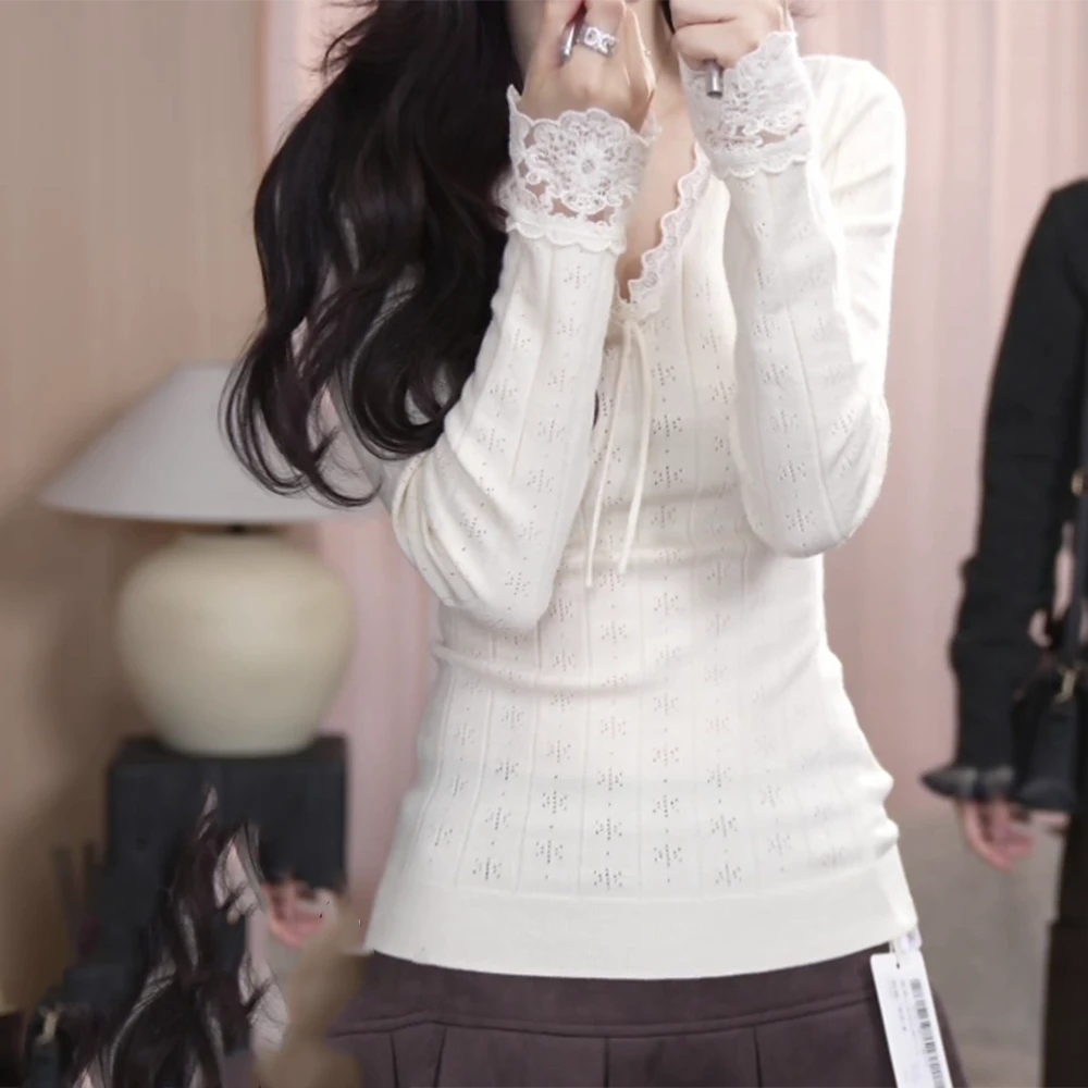 【心动倒影】秋季花边蝴蝶结v领长袖修身显瘦针织衫C5889